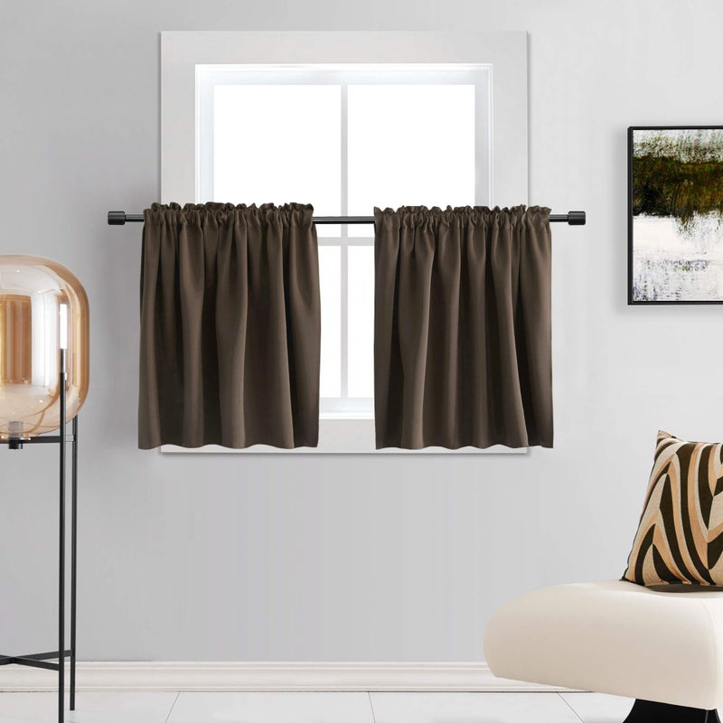 DONREN Brown Coffee Half Curtains for Cafe - Room Darkening Curtain Tiers for Small Windows with Rod Pocket (42 x 36 Inch Length,2 Panels) - Image 1